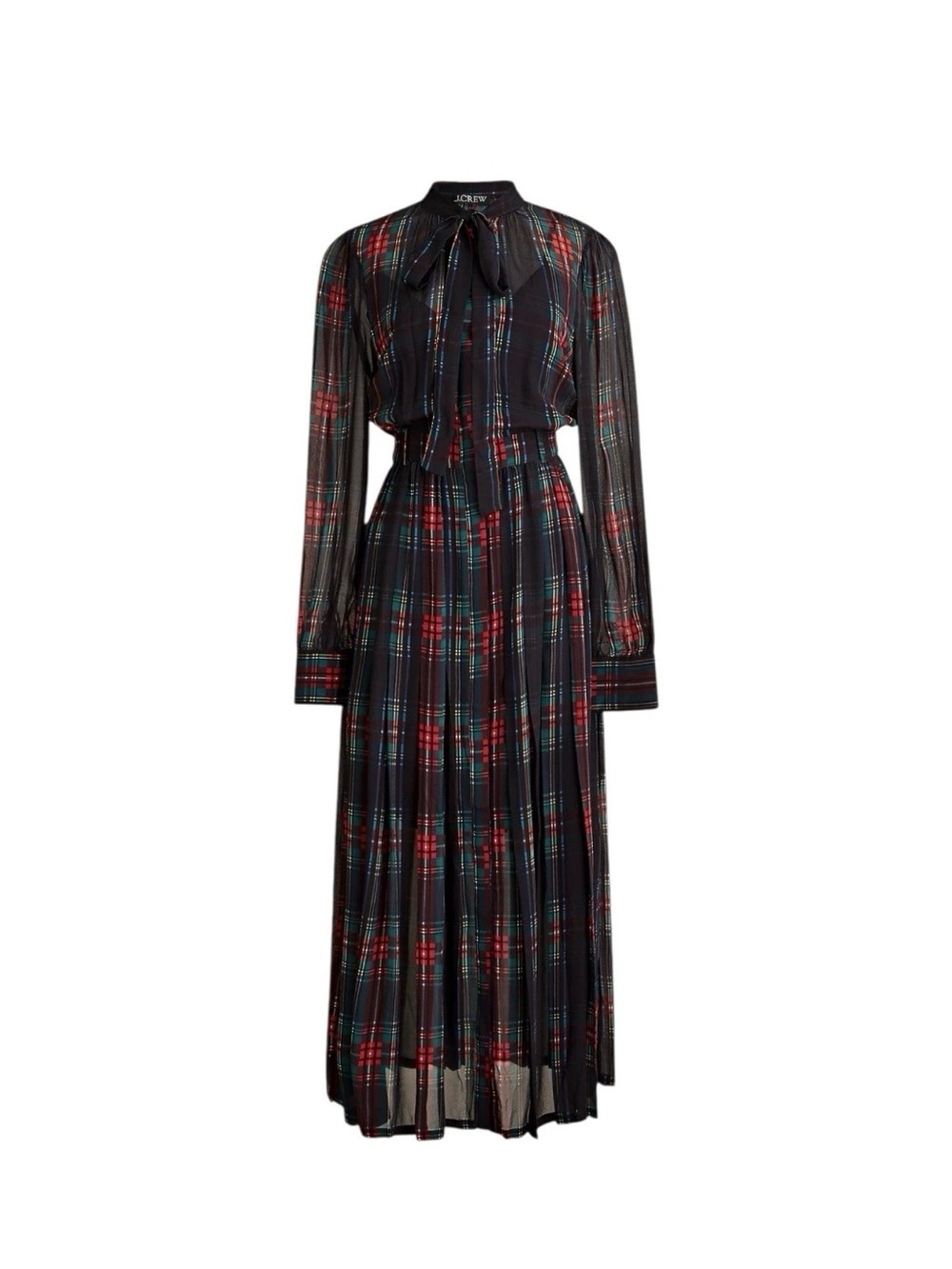J. Crew Black Plaid Tie-Neck Maxi Dress with Red & Green Accents